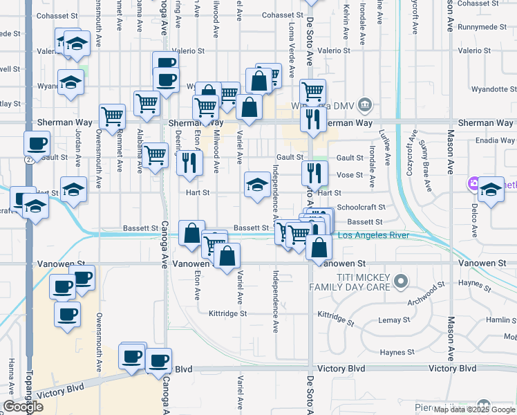 map of restaurants, bars, coffee shops, grocery stores, and more near 21040 Hart Street in Los Angeles