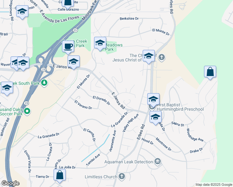 map of restaurants, bars, coffee shops, grocery stores, and more near 1696 Shadow Oaks Place in Thousand Oaks