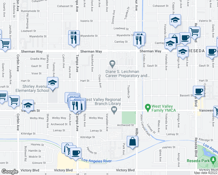map of restaurants, bars, coffee shops, grocery stores, and more near 6930 Vanalden Avenue in Los Angeles