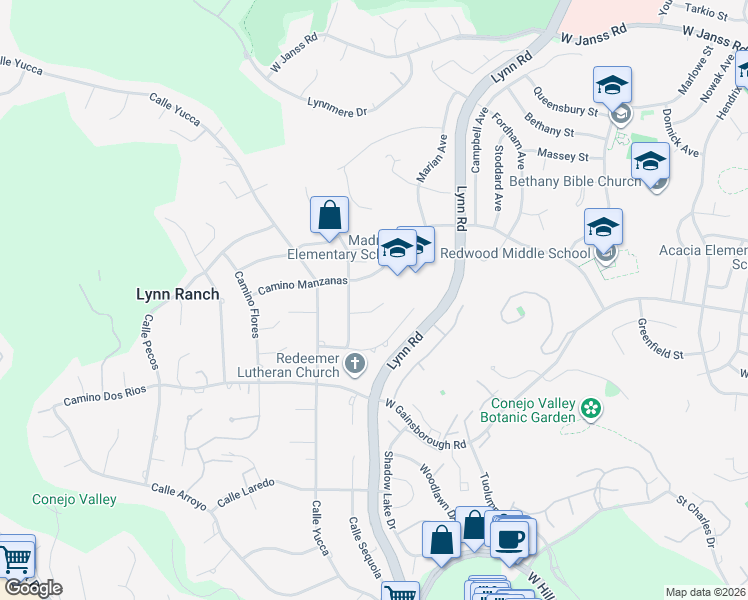 map of restaurants, bars, coffee shops, grocery stores, and more near 653 Camino Rojo in Thousand Oaks