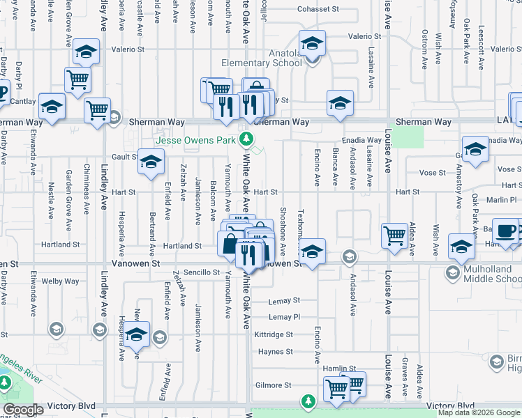 map of restaurants, bars, coffee shops, grocery stores, and more near 6933 Jellico Avenue in Los Angeles
