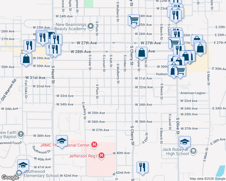 map of restaurants, bars, coffee shops, grocery stores, and more near 3201 South Ash Street in Pine Bluff