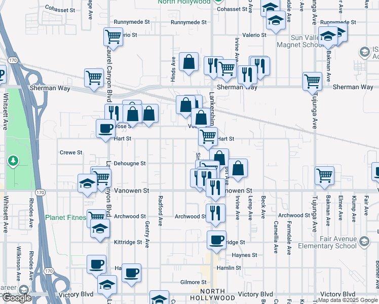 map of restaurants, bars, coffee shops, grocery stores, and more near 6926 Morella Avenue in Los Angeles