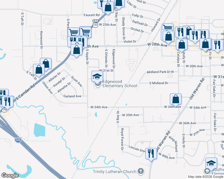 map of restaurants, bars, coffee shops, grocery stores, and more near 2918 Edgewood Drive in Pine Bluff