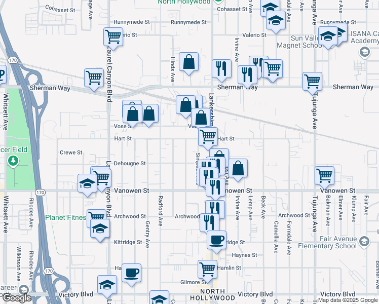 map of restaurants, bars, coffee shops, grocery stores, and more near 6926 Morella Avenue in Los Angeles