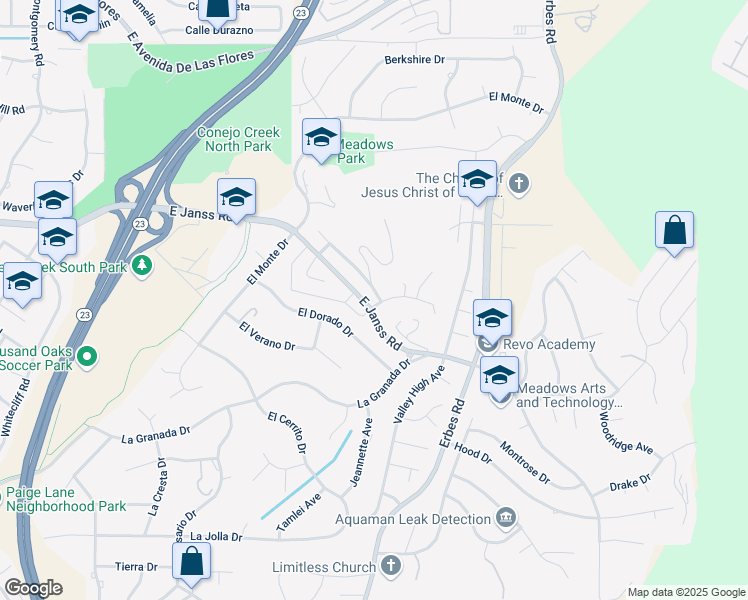 map of restaurants, bars, coffee shops, grocery stores, and more near 1696 Shadow Oaks Place in Thousand Oaks