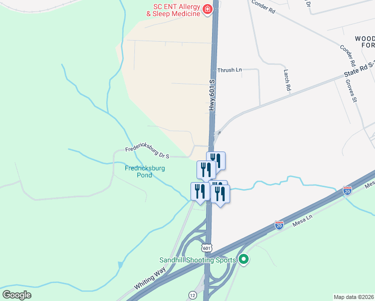 map of restaurants, bars, coffee shops, grocery stores, and more near 1201 Fredericksburg Drive South in Lugoff
