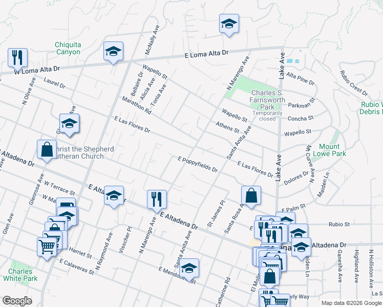 map of restaurants, bars, coffee shops, grocery stores, and more near 3050 Marengo Avenue in Altadena