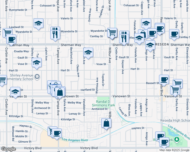 map of restaurants, bars, coffee shops, grocery stores, and more near 6935 Wystone Avenue in Los Angeles