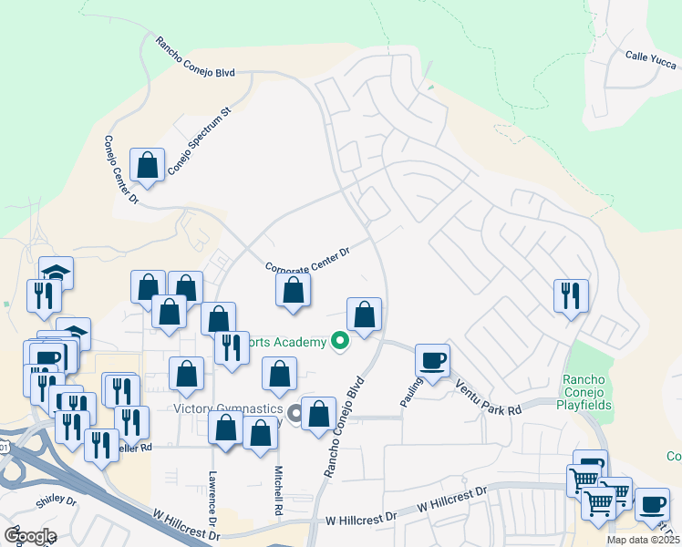 map of restaurants, bars, coffee shops, grocery stores, and more near 2000 Corporate Center Drive in Thousand Oaks