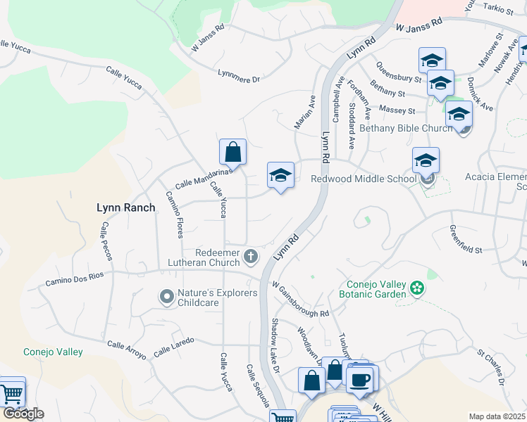 map of restaurants, bars, coffee shops, grocery stores, and more near 653 Camino Rojo in Thousand Oaks
