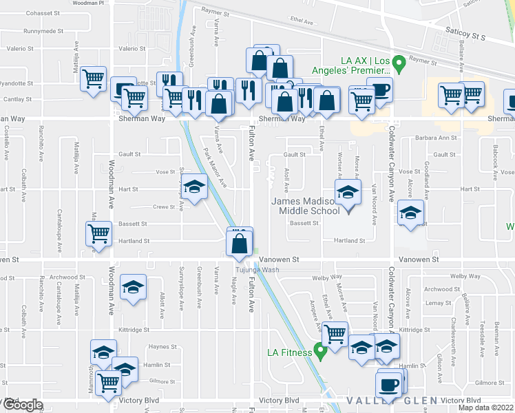map of restaurants, bars, coffee shops, grocery stores, and more near 6930 Fulton Avenue in North Hollywood
