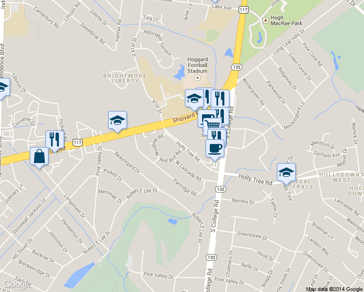 map of restaurants, bars, coffee shops, grocery stores, and more near 4465 Holly Tree Road in Wilmington