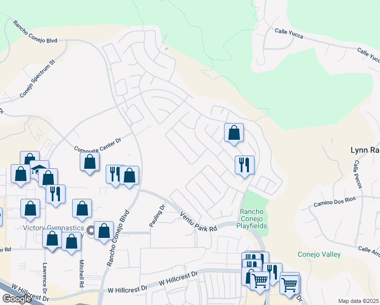 map of restaurants, bars, coffee shops, grocery stores, and more near 1796 Rock Spring Street in Thousand Oaks