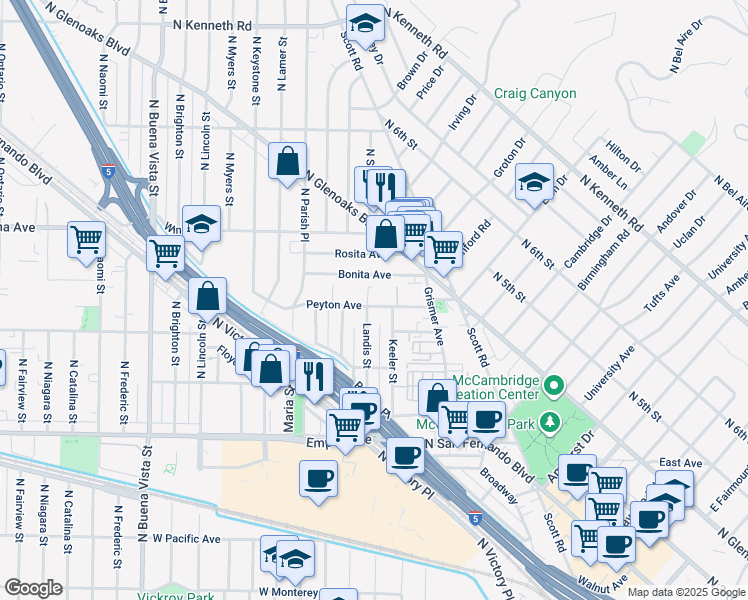 map of restaurants, bars, coffee shops, grocery stores, and more near 1809 Peyton Avenue in Burbank