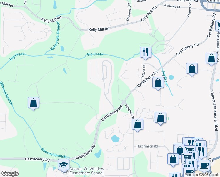 map of restaurants, bars, coffee shops, grocery stores, and more near 3333 Castleberry Village Circle in Cumming