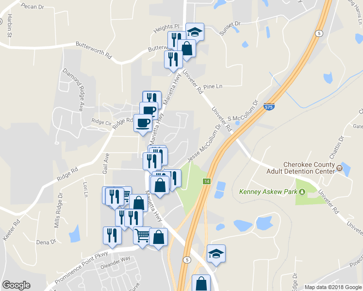 map of restaurants, bars, coffee shops, grocery stores, and more near 251 Cottonwood Creek Circle in Canton