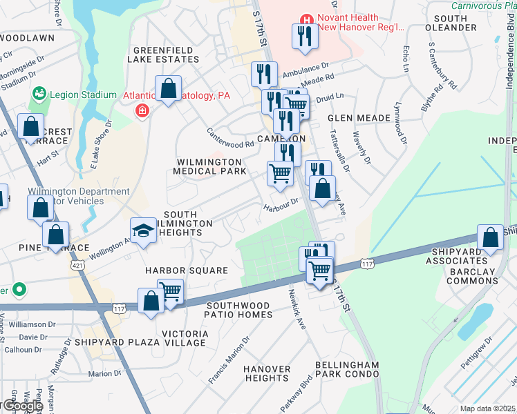 map of restaurants, bars, coffee shops, grocery stores, and more near 2512 Flint Drive in Wilmington