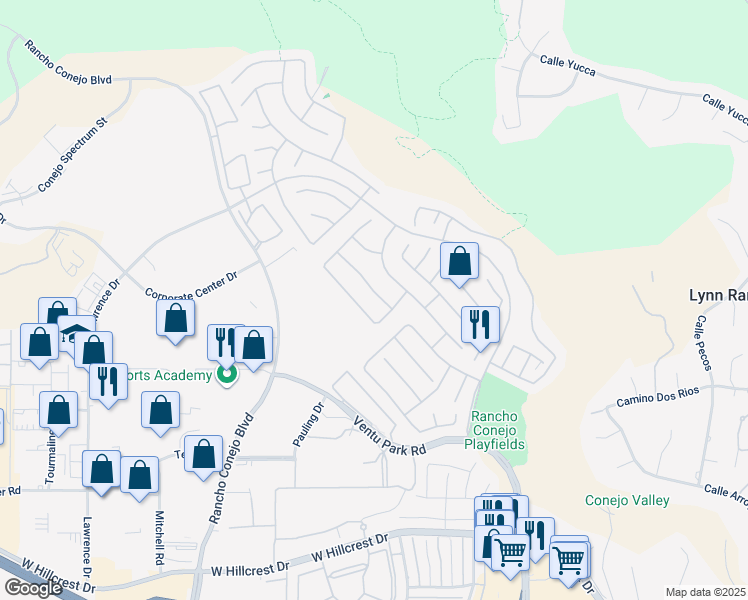 map of restaurants, bars, coffee shops, grocery stores, and more near 1796 Rock Spring Street in Thousand Oaks