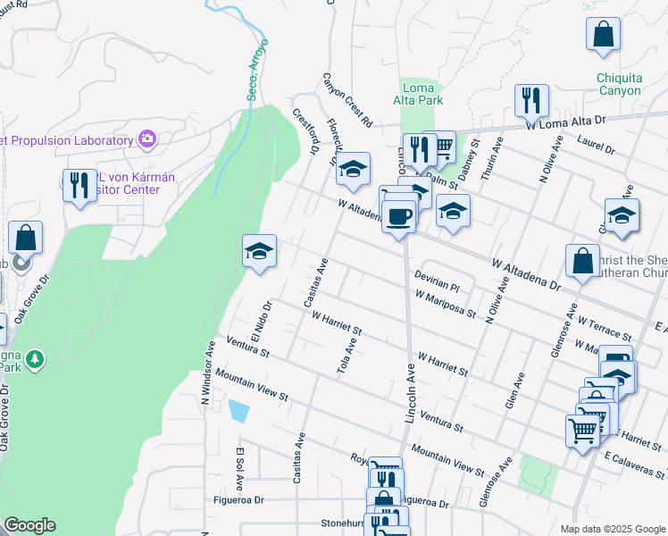 map of restaurants, bars, coffee shops, grocery stores, and more near 729 West Mariposa Street in Altadena