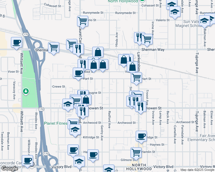 map of restaurants, bars, coffee shops, grocery stores, and more near 6929 Radford Avenue in Los Angeles