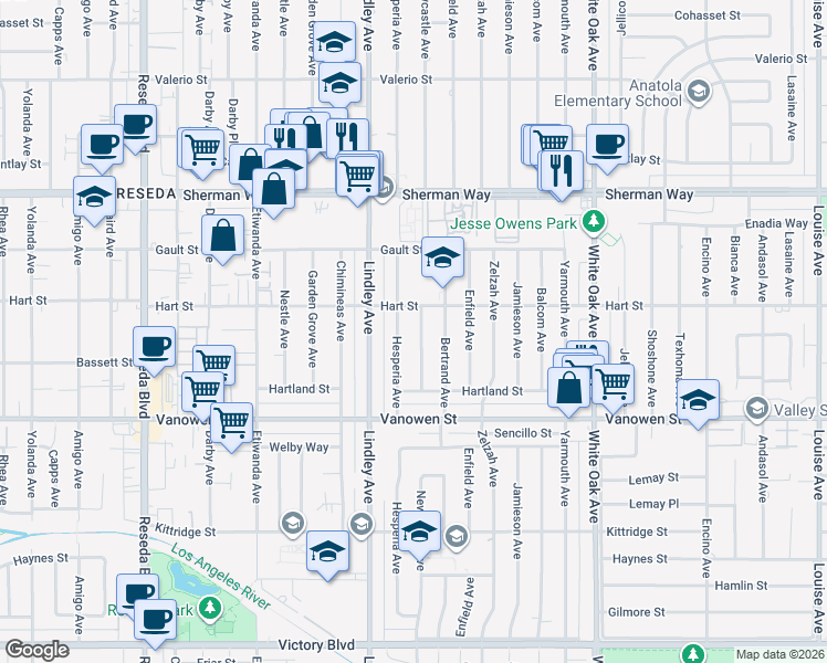 map of restaurants, bars, coffee shops, grocery stores, and more near 6935 Newcastle Avenue in Los Angeles