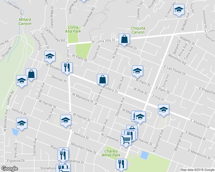 map of restaurants, bars, coffee shops, grocery stores, and more near 303 West Altadena Drive in Altadena