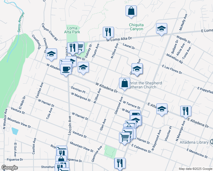 map of restaurants, bars, coffee shops, grocery stores, and more near 303 West Altadena Drive in Altadena