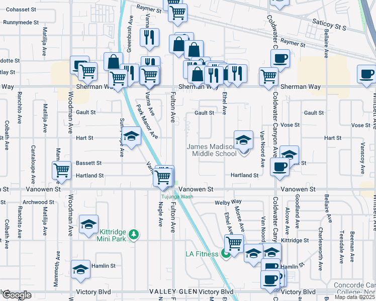map of restaurants, bars, coffee shops, grocery stores, and more near 6940 Longridge Avenue in Los Angeles
