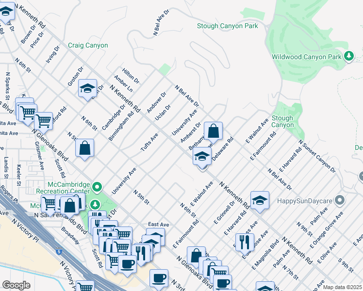 map of restaurants, bars, coffee shops, grocery stores, and more near 824 Amherst Drive in Burbank