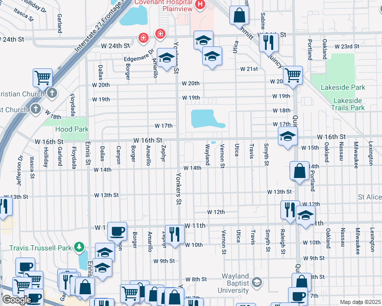 map of restaurants, bars, coffee shops, grocery stores, and more near 1400 Wayland Street in Plainview