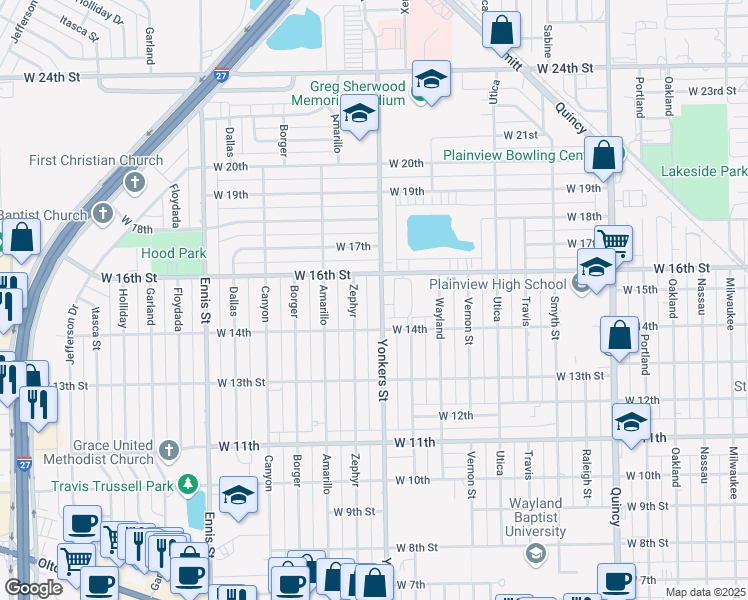 map of restaurants, bars, coffee shops, grocery stores, and more near 1500 Yonkers Street in Plainview