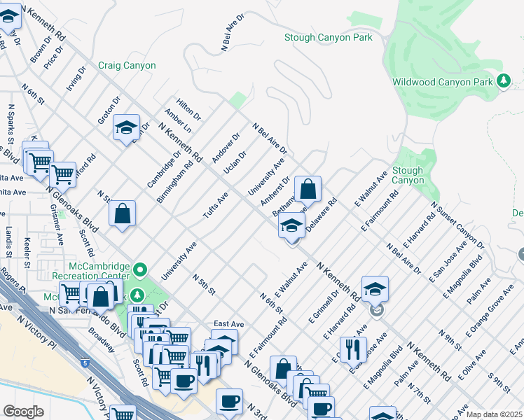 map of restaurants, bars, coffee shops, grocery stores, and more near 824 Amherst Drive in Burbank