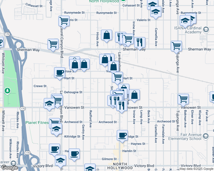 map of restaurants, bars, coffee shops, grocery stores, and more near 6944 Simpson Avenue in Los Angeles