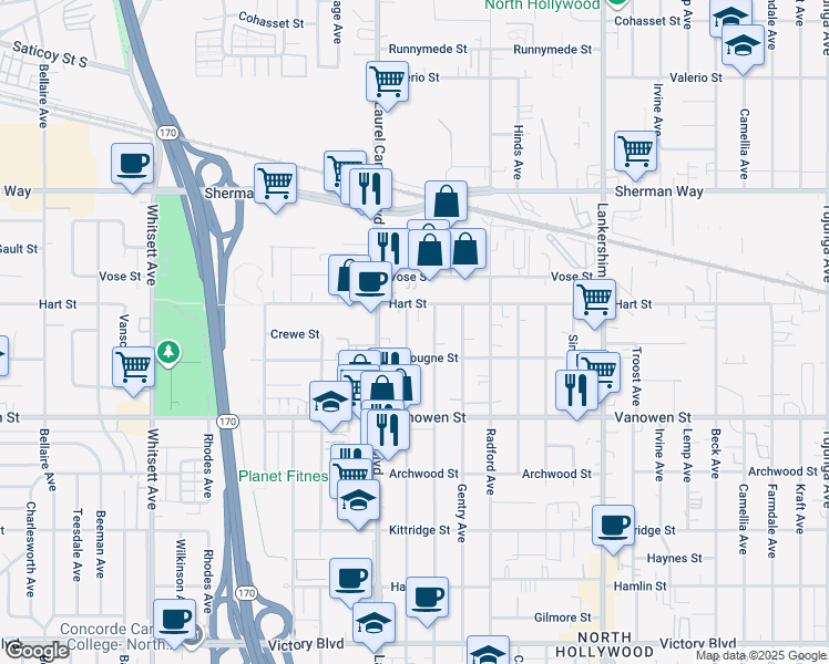 map of restaurants, bars, coffee shops, grocery stores, and more near 6936 Agnes Avenue in Los Angeles