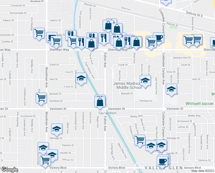 map of restaurants, bars, coffee shops, grocery stores, and more near 6940 Fulton Avenue in Los Angeles