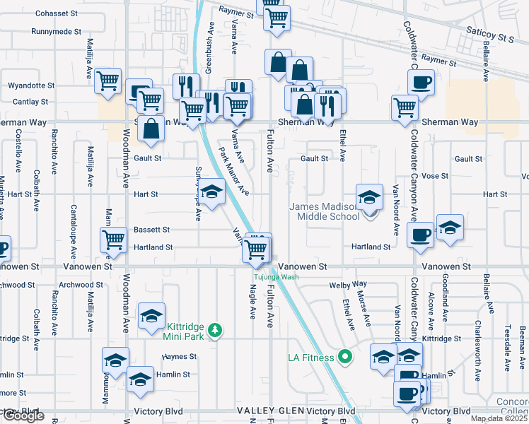 map of restaurants, bars, coffee shops, grocery stores, and more near 6940 Nagle Avenue in Los Angeles