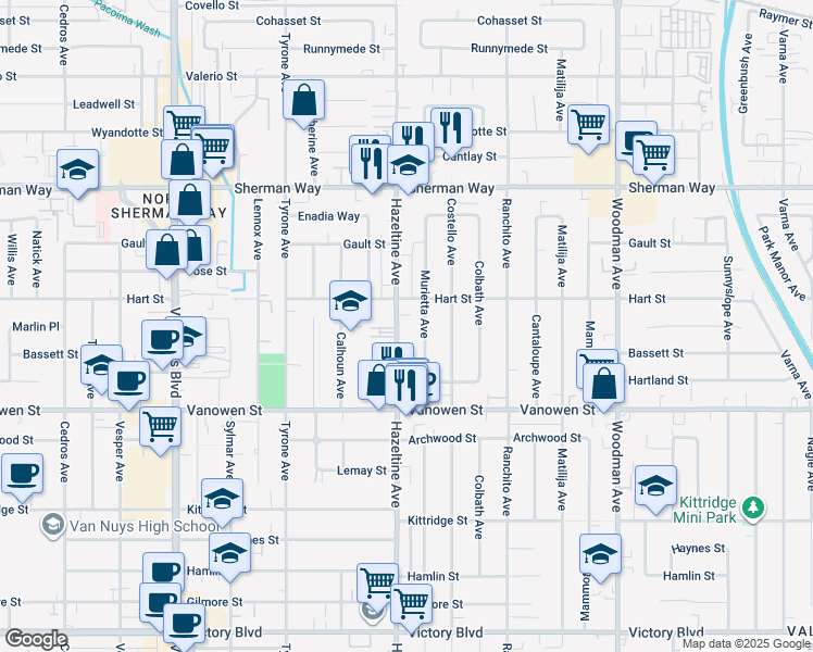 map of restaurants, bars, coffee shops, grocery stores, and more near 6939 Hazeltine Avenue in Los Angeles