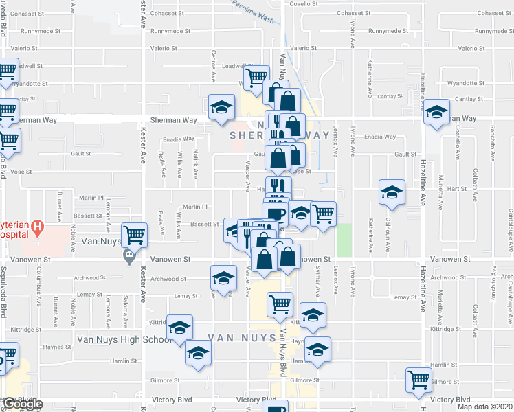 map of restaurants, bars, coffee shops, grocery stores, and more near 6948 Vesper Avenue in Los Angeles