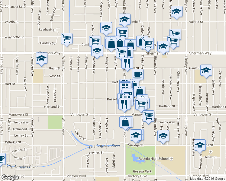 map of restaurants, bars, coffee shops, grocery stores, and more near 6947 Baird Avenue in Los Angeles
