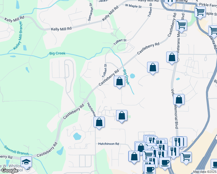 map of restaurants, bars, coffee shops, grocery stores, and more near 2775 Castleberry Road in Cumming
