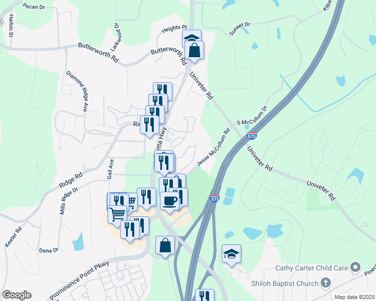 map of restaurants, bars, coffee shops, grocery stores, and more near 251 Cottonwood Creek Circle in Canton