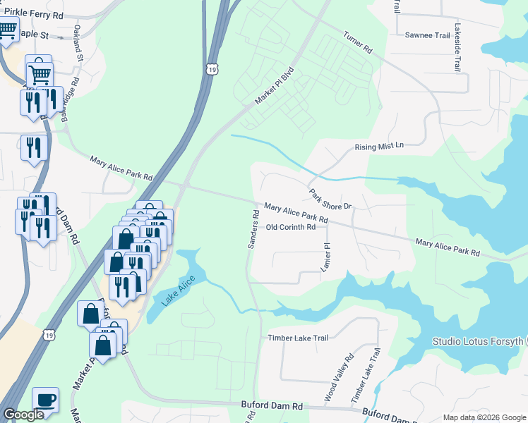 map of restaurants, bars, coffee shops, grocery stores, and more near 910 Mary Alice Park Road in Cumming