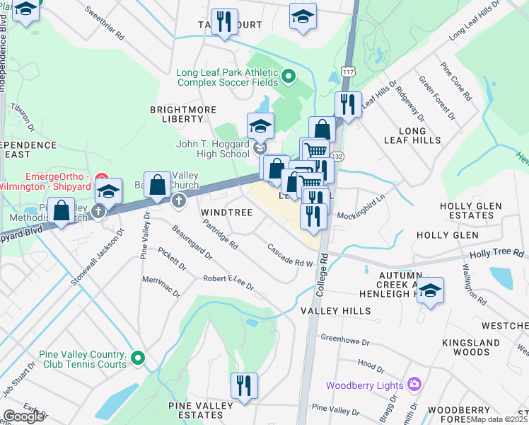 map of restaurants, bars, coffee shops, grocery stores, and more near 4437 Holly Tree Road in Wilmington