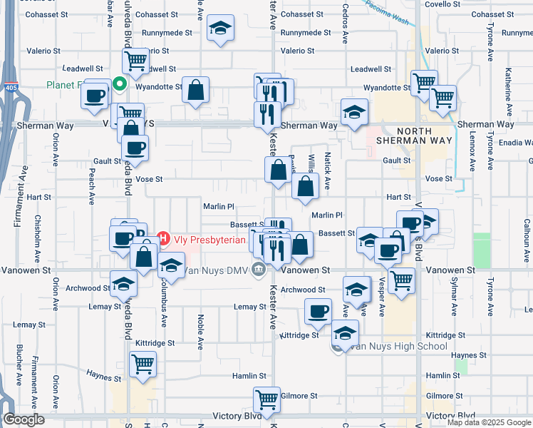 map of restaurants, bars, coffee shops, grocery stores, and more near 6937 Kester Avenue in Los Angeles