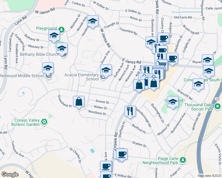 map of restaurants, bars, coffee shops, grocery stores, and more near 1404 Suffolk Avenue in Thousand Oaks