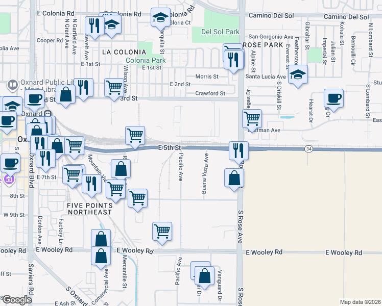 map of restaurants, bars, coffee shops, grocery stores, and more near 1432 East 5th Street in Oxnard