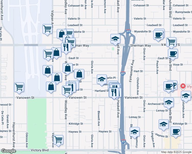 map of restaurants, bars, coffee shops, grocery stores, and more near 15849 Marlin Place in Los Angeles