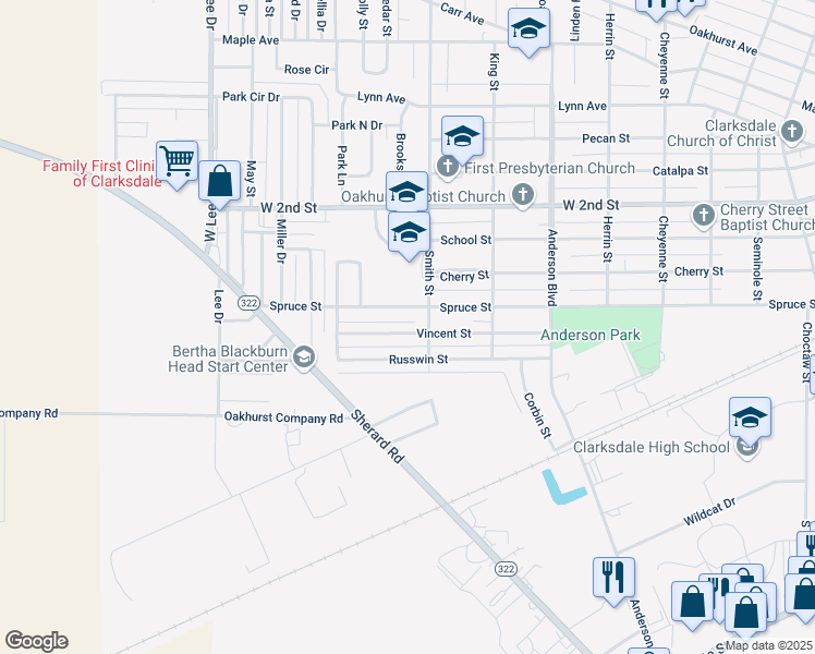 map of restaurants, bars, coffee shops, grocery stores, and more near 1010 Spruce Street in Clarksdale
