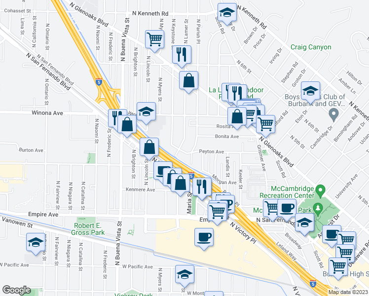 map of restaurants, bars, coffee shops, grocery stores, and more near 2219 Peyton Avenue in Burbank